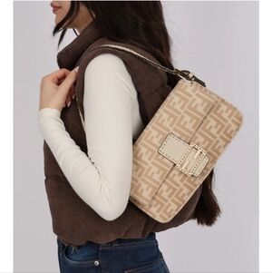 NWOT FENDI $3,250 Wool/Leather Zucca Selleria Baguette Shoulder Bag Beige/Ivory